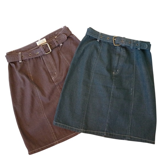 St. John's Bay Dresses & Skirts - Vintage St Johns Bay Womens Size 4 Denim Skirt Bundle Brown Blue Belted A-Line